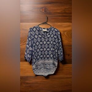 Pink Rose Navy and White Patterned Blouse